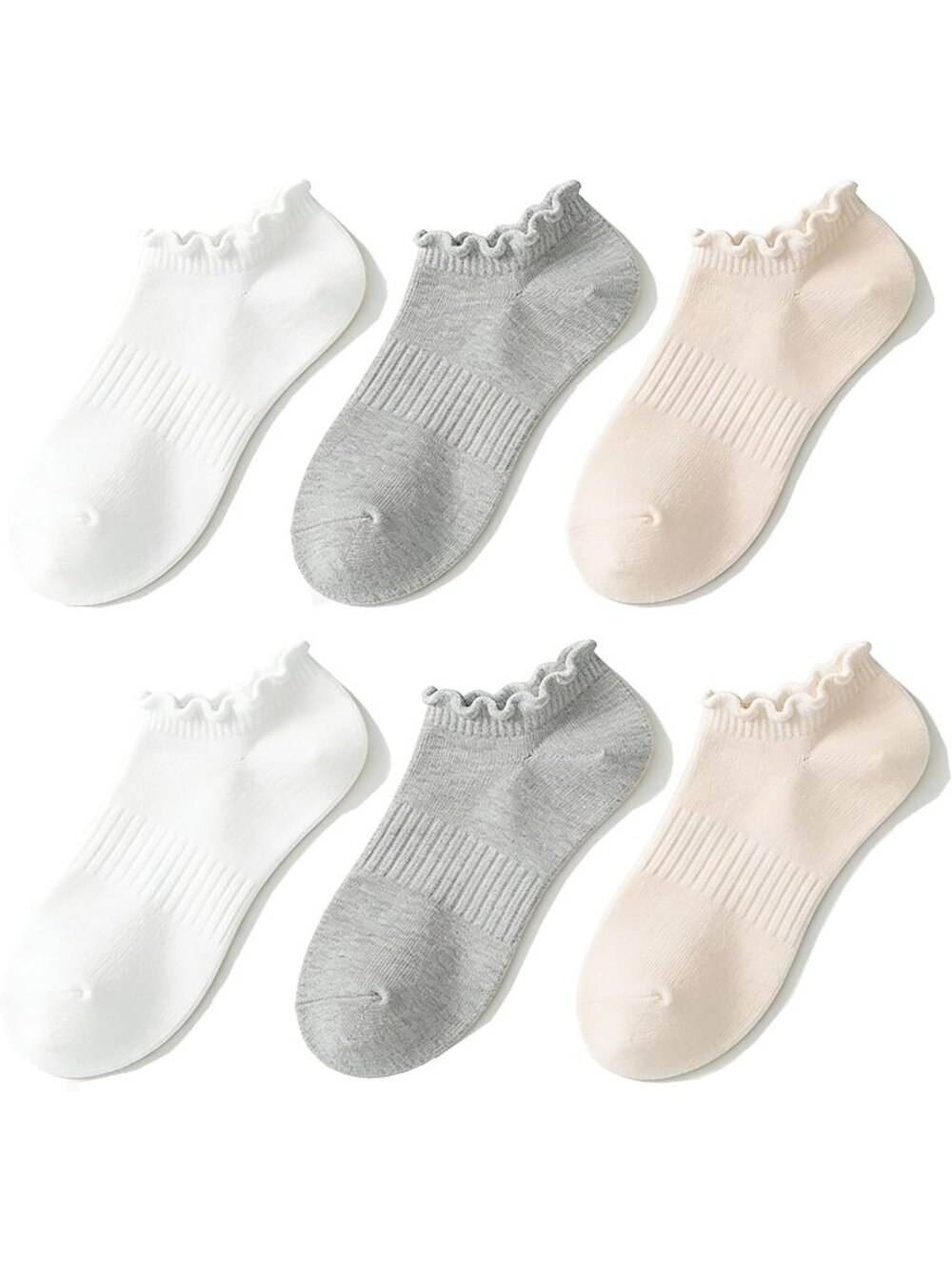 🧦Women's Grey White No Show Socks Low Cut Non Slip Ruffle Ankle Socks 6 Pairs